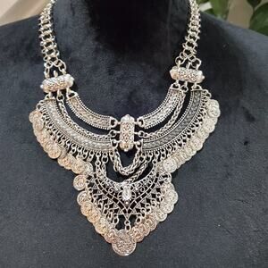 Womens Vintage Boho Chic Silver Coin Multilayer Chocker Fashion Jewelry Necklace